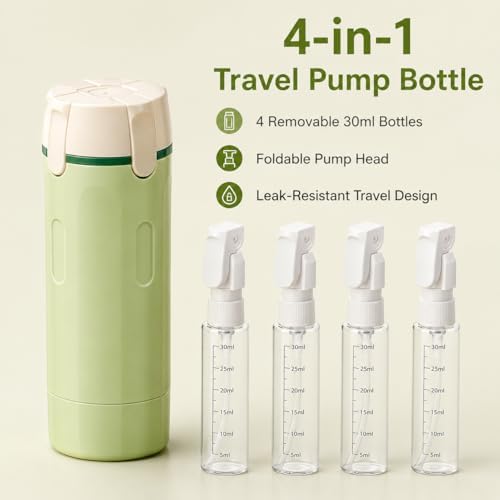 4-in-1 Detachable Travel Dispenser Bottles Set Foldable Pump Leak-Proof, Carry-On Compliant 30ml/1OZ Refillable Containers for Shampoo Lotion Body Wash with Protective Case - Image 2