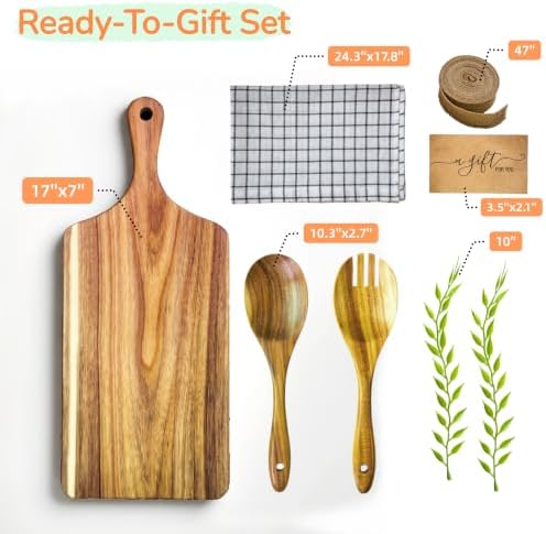 ZeQi Acacia Wood Cutting Board Gift Set, Perfect Housewarming Gift, Ideal Holiday Gift, Premium Wooden Serving Board with Salad Spoon & Fork, Linen-Look Napkin, Kitchen Utensil Set for Serving, Decor - Image 6