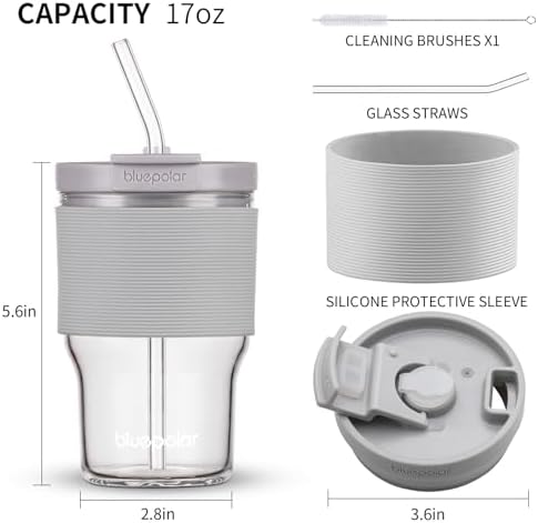 Glass Cups with Lids and Straws,16oz/480ml Reusable Iced Coffee Glasses & Juice Bottles,Cold Brew Tumblers with Leakproof Lids,BPA-Free Glass Jars for Juicing,Matcha,Tea,Smoothie (Grey with Sleeve) - Image 2
