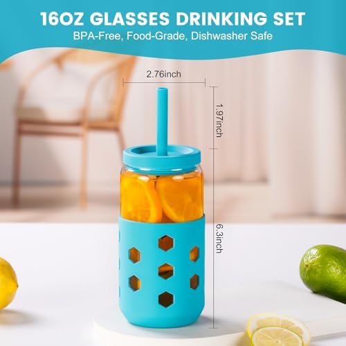 Mrsdry 16 oz Glass Cups with Lids and Straws for Gift, 4-Pack, Blue - Image 6