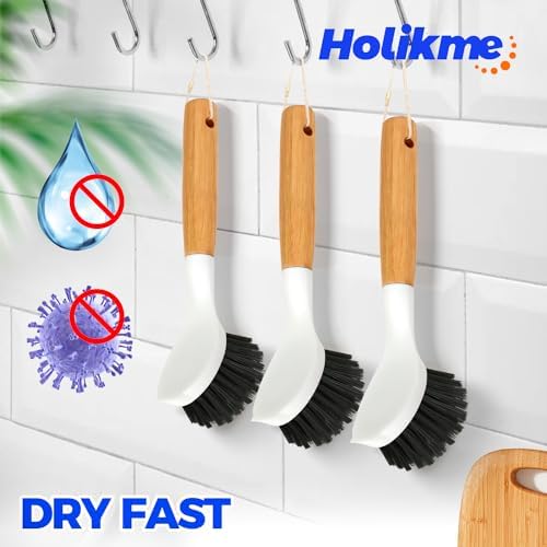 Holikme 3 Pack Dish Brush with Bamboo Handle Cleaning Brush,Black - Image 5
