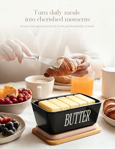 Ceramic Butter Dish with Lid and Knife & Silicone Seal for Countertop Black - Image 5