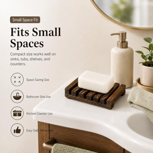 Bamboo Soap Dish for Bar Soap, Raised Wooden Holder with Drain Slots，Carbonized Pine Wood Soap Box - Image 5