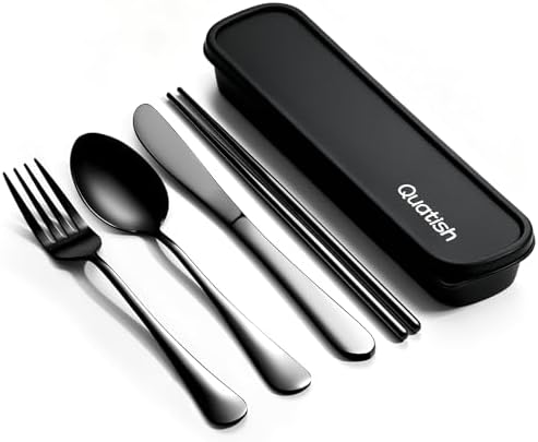 Quatish 5 Piece Travel Utensils with Case, Portable Cutlery Set, Black by Quatish