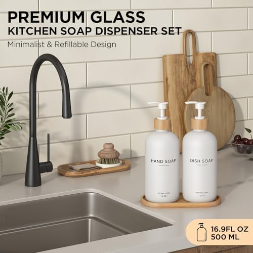 Hand and Dish Soap Dispenser Set,16oz Glass Bottles with Bamboo Pumps & Tray,Countertop Soap Dispensers for Kitchen,Luxury, Minimalist & Farmhouse Decor - Image 2