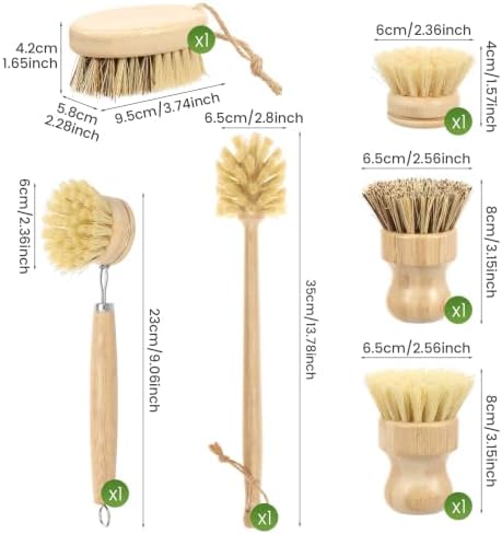 6-Piece Bamboo Dish Brush Set with Vegetable Brush Yellow - Image 2