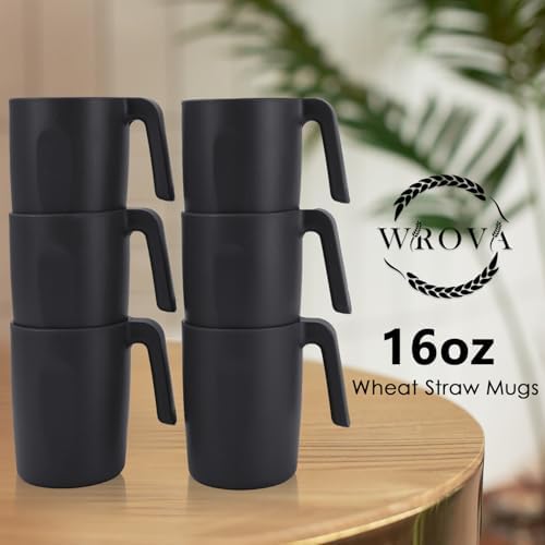 Wrova 16oz Wheat Straw Cups with handles set of 6-Plastic Cups Reusable-Unbreakable Kids Mugs-Dishwasher Safe & Microwave Safe-Ideal Plastic Mugs for Tea,Coffee,Camping,RV-Black - Image 6