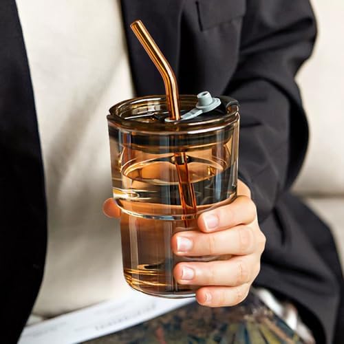 13oz Glass Tumbler with Straw and Lid, Reusable Iced Coffee Cups, Matcha Smoothies Cup, Thick Wall Seal Drinking Glassware Water Cups,Suit for Car Cup Holder (Amber-4pack) - Image 2