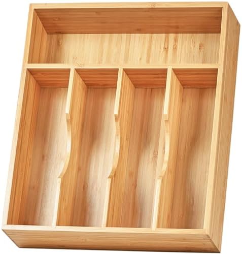 Umilife Bamboo Kitchen Drawer Organizer, 11 Inch Silverware Utensils Tray Holder with Grooved Dividers, 2.4" High Wood Caddy for Flatware Cutlery Knives by Umilife