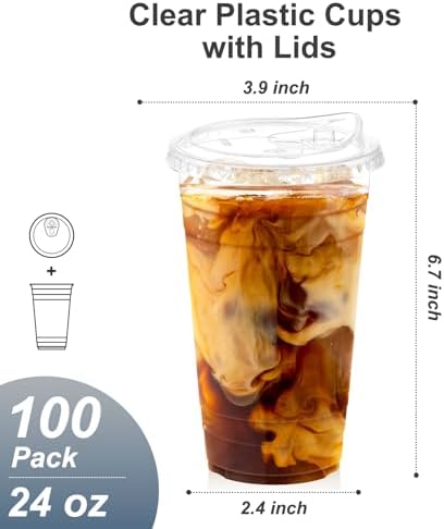 Dealusy 100 Pack - 24 oz Clear Plastic Cups with Sip Lids - Image 2