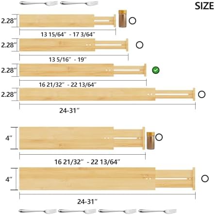 BAMEOS Bamboo Expandable Drawer Dividers – Fits 16.6"–22" Drawers, 2" High, Set of 4 | Spring-Loaded Bamboo Separator for Kitchen Island, Bathroom Vanity & Dresser Drawers - Image 2