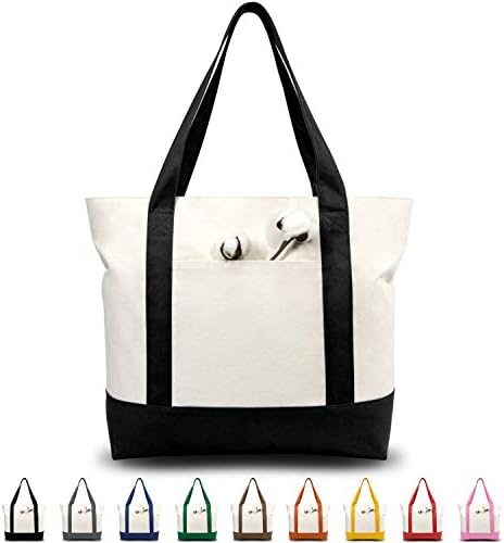 TOPDesign 1 | 3 | 6 | 30 Pack Canvas Tote Bag with an External Pocket, Reusable Grocery Shopping Bag, Top Zipper Closure, Daily Essentials (Black/Natural Pack of 1) by TOPDesign
