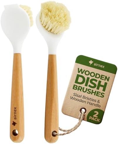 AIRNEX Wooden Dish Brush Set of 2 - Dish Brush with Handle Made of Wood & Sisal Bristles, Non Scratch Kitchen Scrub Brush for Dishes, Pots & Pans, Dish Scrubber with Plastic Free Bristles by Airnex