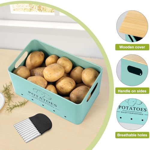 Kitchen Vegetable Storage Set of 3, Metal Onion Garlic Potato Storage Set, Kitchen Canisters Vegetable Keeper Containers with Aerating Holes and Bamboo Lid，Blue - Image 3