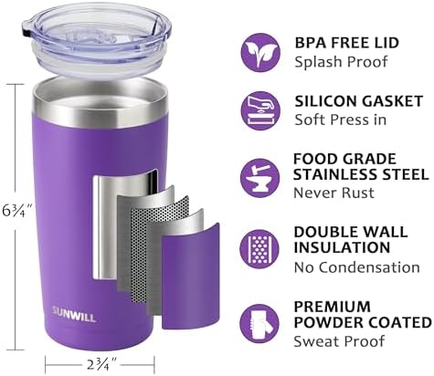 SUNWILL Travel Coffee Tumbler 20 oz, Insulated Mug with Lid, Stainless Steel Cup for Hot and Cold Drinks, Powder Coated Purple - Image 2