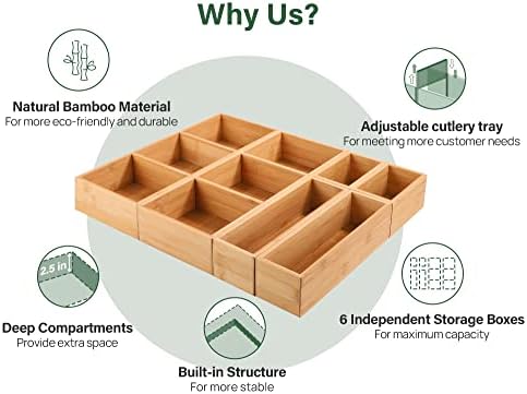 Kootek 6Pcs Bamboo Drawer Organizer 3-Size Kitchen Storage Box for Flatware - Image 4