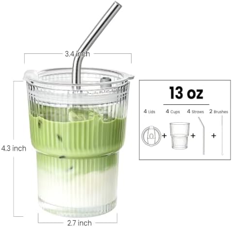 TUZAZO 13 Oz Ribbed Glass Coffee Tumblers with Lids and Straws, 4 Pack - Image 2
