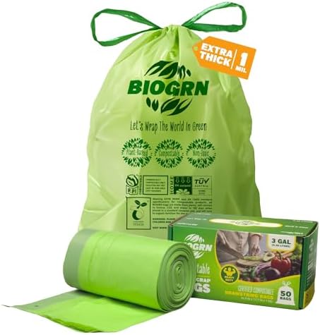 2.6-3 Gallon Compostable Trash Bags Drawstring 50 Bags Extra Thick 1 Mil 11.36 Liter Small Biodegradable Trash Bags for Kitchen Countertop Bin ASTM D6400, US BPI and OK Compost Home Certified by BIOGRN