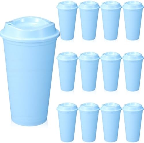 12 Pcs 16 Oz Reusable Coffee Cups with Lids - Plastic Travel Hot Cups Bulk Coffee Tumblers for DIY Hot Cold Drinks Party Favors Coworker (Light blue) by Unknown