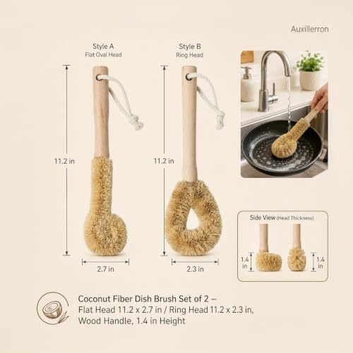 Coconut Fiber Dish Brush Set of 2 Natural Bristle Scrubber - Image 2