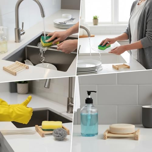 Natural Bamboo Wood Soap Dish with Drainage Tray - Bulk 50 Pcs Wooden Soap Holder for Bathroom, Kitchen Sink, Bar Soaps & Sponges - Rustic Home Decor Organizer, 3.3 x 3.3 x 0.67 Inch - Image 3
