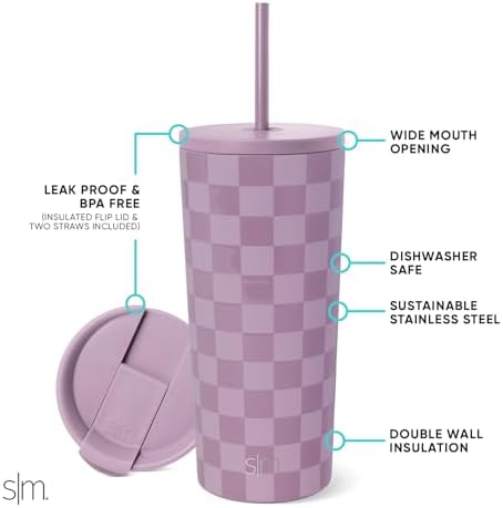 Simple Modern Insulated Tumbler with Lid and Straw | Iced Coffee Cup Reusable Stainless Steel Water Bottle Travel Mug | Gifts for Women Men Her Him | Classic Collection | 20oz | Lavender Checkmate - Image 2
