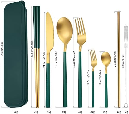 AARAINBOW 6 Pieces Stainless Steel Flatware Set Portable Reusable Cutlery Set Travel Utensils Set Including Chopsticks Knife Fork Spoon Straws Cleaning Brush Dishwasher Safe (B-Green golden) - Image 2