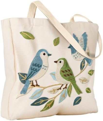 Floral Embroidery Canvas Tote Bag with Magnetic Closure for Daily by VelvetHue