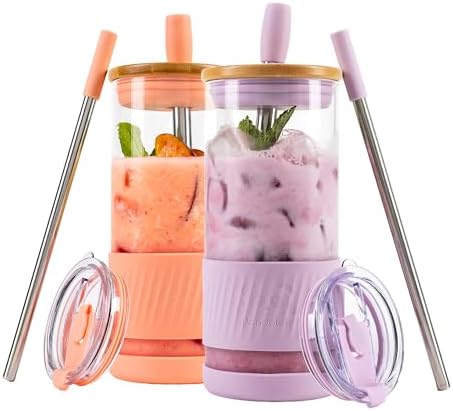 Pandaloo® Glass Cups With Lids and Straws -20 Fl Oz- Perfect Size Iced Coffee Cup - Smoothie Cup With Bamboo Lid and On the go Lid - Glass Tumbler (2 Count (Pack of 1), Peach Fuzz-Lilac Rhapsody) by Pandaloo