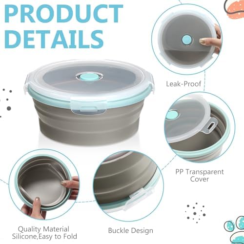 Suclain 4 Pcs Collapsible Bowls with Lids Silicone Camping Food Storage Container Expandable Folding Salad Lunch Box Travel Container for Hiking Camping - Image 3