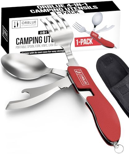 Orblue 4-in-1 Camping Utensils, 1-Pack, Portable Stainless Steel Spoon, Fork, Knife & Bottle Opener Combo Set - Travel, Backpacking Cutlery Multitool, Red by Orblue