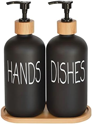 Glass Soap Dispenser Set. Hand and Dish with Bamboo Tray. Vintage Pump for Kitchen Drain Outlet Bathroom. Stylish Permanent Labels (Matte Black) by DIDROOM