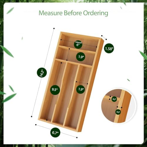 Small Silverware Organizer, Bamboo Kitchen Drawer Cutlery Organizer, Utensil Holder, Flatware Organizer Tray (6.7"x14.2"x1.6") - Image 2