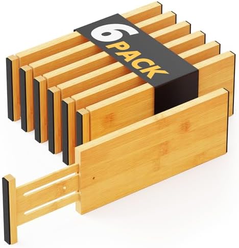 SpaceAid Bamboo Dresser Drawer Dividers 6 Pack, 4.65“ High Adjustable 12.5“-17” Drawer Organizers, Expandable Organization for Clothing, Clothes, Dressers, Natural by SpaceAid