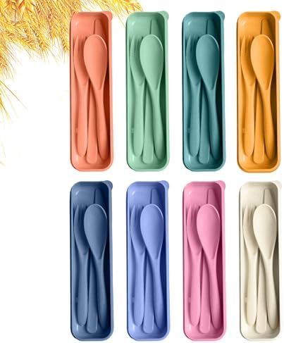 Travel Utensils Set with Case, 8 Sets Camping Utensils Reusable Wheat Straw Utensils Set With Case, Knife Spoon and Fork Set for Lunch Box by HMDZMR