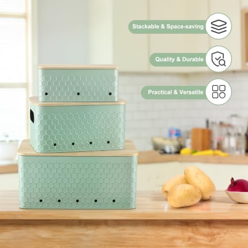 Kitchen Vegetable Storage Set of 3, Metal Onion Garlic Potato Storage Set, Kitchen Canisters Vegetable Keeper Containers with Aerating Holes and Bamboo Lid,Embossed Saga Green - Image 5