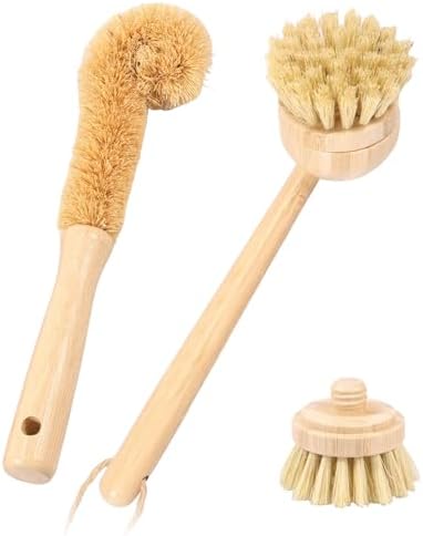 Bamboo Dish Brush Set of 3, Dish Brush Natural Bamboo Dish Scrub Brush Set with Handle, Wooden Dish Scrubber Kitchen Brush Set with Natural Bristles for Kitchen Cleaning Dish, Bottle, Pots, Pans by QENWKXZ