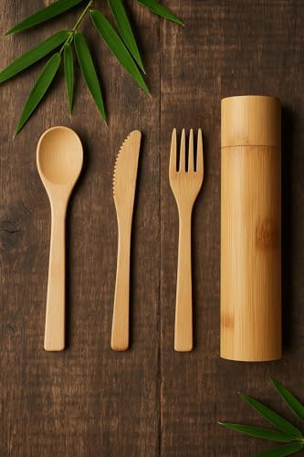 Eco-Friendly Travel Utensils Set: Lightweight Bamboo Forks, Spoons, Knives in Wooden Case, Reusable Utensils for Lunch Box, Kids Camping Cutlery, Sustainable Portable Flatware - Image 2