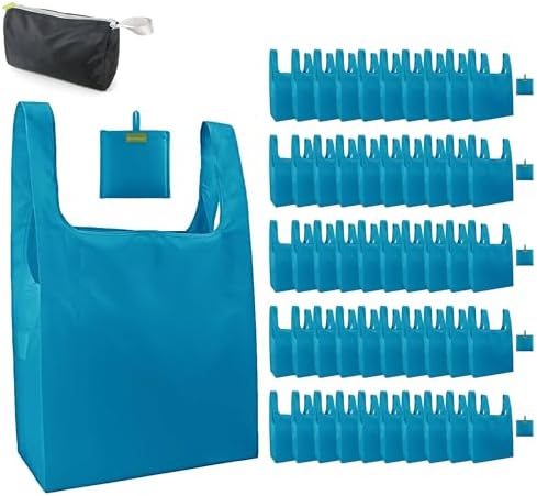 BeeGreen Reusable Grocery Bags Lake Blue Kitchen Bags Bulk Foldable-Machine Washable with Zipper Storage Pouch 50 Packs by BeeGreen