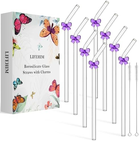 Cute Glass Straws with Purple Bow Charms, 8-Pack 9-Inch Bent for Tumblers by LIFEHIM
