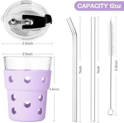 Mrsdry 12oz Iced Coffee Cup with Lids and Straws, BPA Free Reusable Glass Coffee Cups with Silicone Sleeves for Coffee, Iced tea, Thick Wall Glass Cup - Image 2