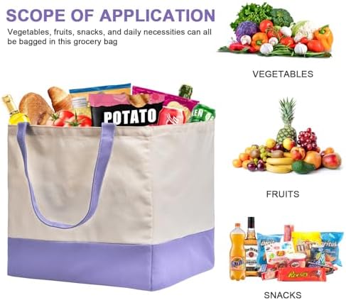 Reusable Grocery Bags Heavy Duty, 8.3 gal Foldable Large Canvas Tote Bag with Handles, Holds 60 lbs Canvas Shopping Bags, 1 Pack（Off White+Light purple） - Image 5