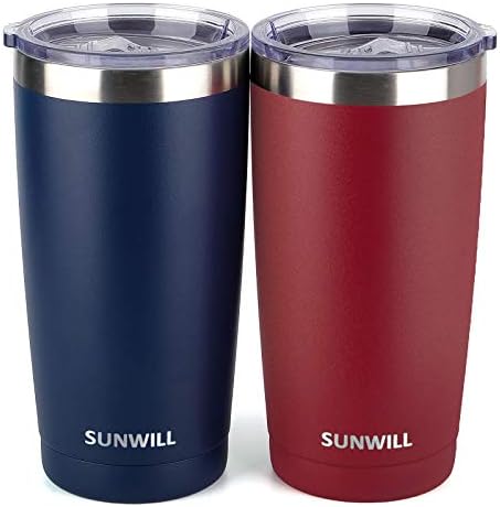 SUNWILL Travel Coffee Mug with Lid, 20 oz Tumbler Set of 2, Insulated Stainless Steel Cup for Water, Tea, Powder Coated Wine & Navy by SUNWILL