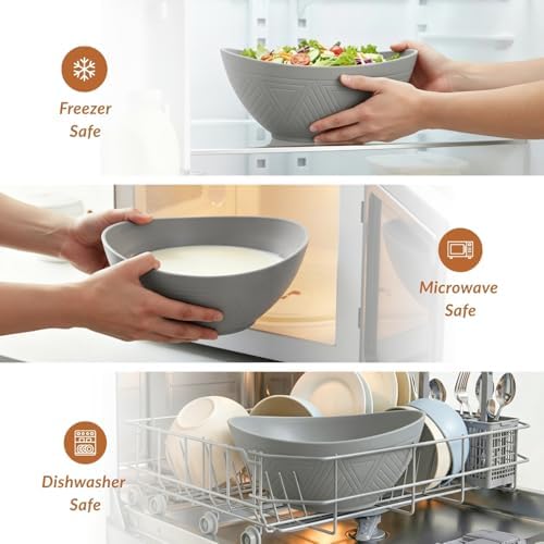 Homienly Wheat Straw Bowls, Large Salad Bowls Set of 6-60 OZ Serving Bowl for Kitchen, Camping, Party - Unbreakablke Microwave and Dishwasher Safe Big Cereal Bowl, Large Soup Bowl - Grey - Image 5