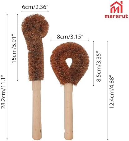 2pcs Coconut Fiber Bottle Brush, Bottle Cleaner Dish Scrubber, Eco Friendly Natural Wooden Cleaning Scrub Bristle Head for Deep Pan Kitchen Dishes Vegetable Washing, Sturdy Handle Holder, Dark Brown - Image 2