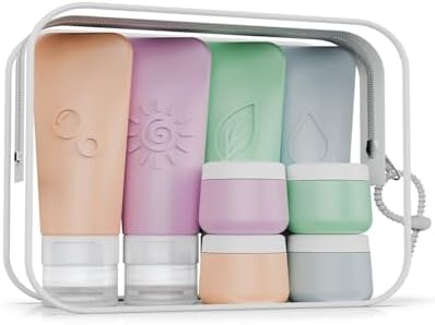 20-Piece Silicone Travel Bottles Set – TSA Approved Leakproof Toiletry Kit with Flat Easy-Squeeze Bottles, Tactile Icons, Cream Jars, Pump & Spray, Cleaning Brush by KLKE