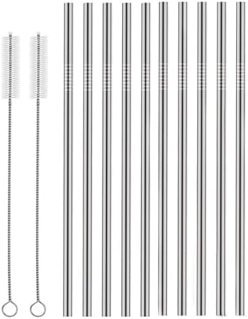 Set of 10 Stainless Steel Straws, HuaQi Straight Reusable Drinking Straws 10.5'' Long 0.24‘’ Dia for 30 oz Tumbler and 20 oz Tumbler, 2 Cleaning Brush Included (10 Straight Straw + 2 Brushes） by HuaQi