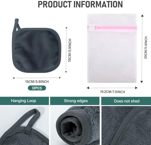 12 Pack Makeup Remover Cloth, 6" x 6" Reusable Makeup Remover Towels Face Washcloth for Washing Face, Makeup Remover Pads Cosmetic Face Wash (Grey) - Image 2