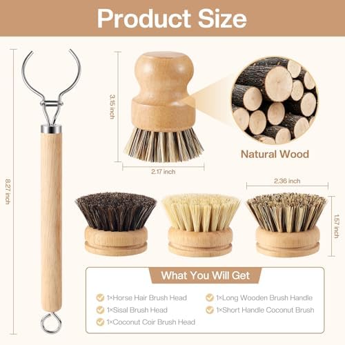 5 Pcs Bamboo Wood Dish Brush Set Includes 1 Wooden Handle with 3 Natural Replaceable Bristle Heads and 1 Handheld Bamboo Wok Brush Scrubber for Dishes Pans Pots Fruit and Veggie Washing(Style A) - Image 2