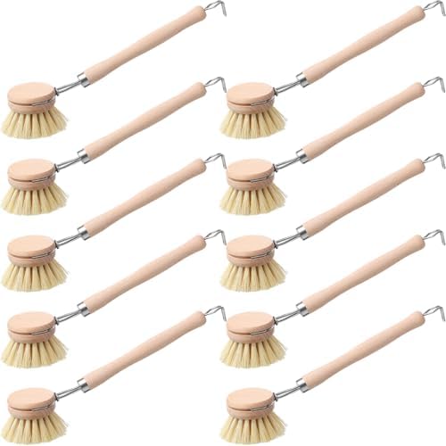 Maxdot 10 Pcs Kitchen Dish Brush with Beechwood Handle Natural Wooden Handle Scrub Brush Fiber Bristles Dish Scrub 2 Inch Replacement Head for Pots Pans Utensils Washing Supplies by Maxdot